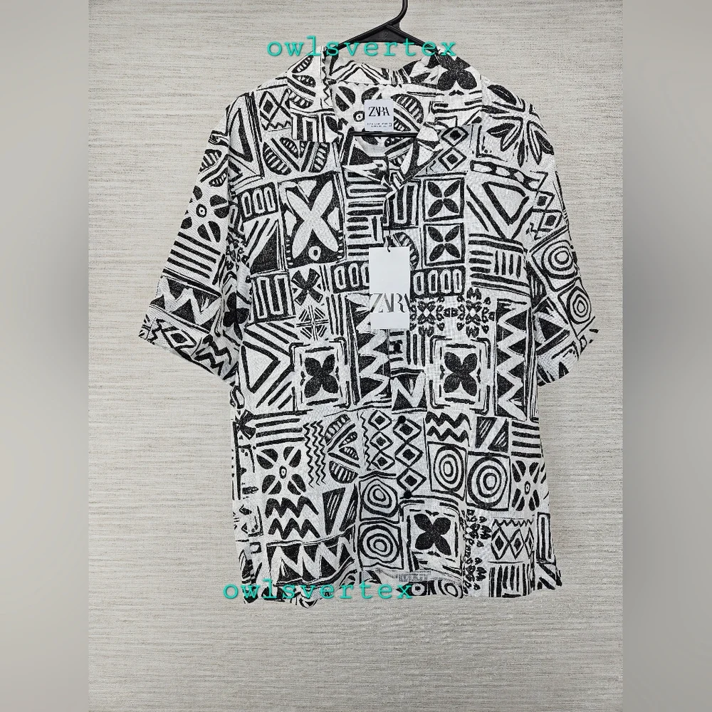 New Zara Men's Geometric Print Shirt Black White 0399/064 - Picture 2 of 9